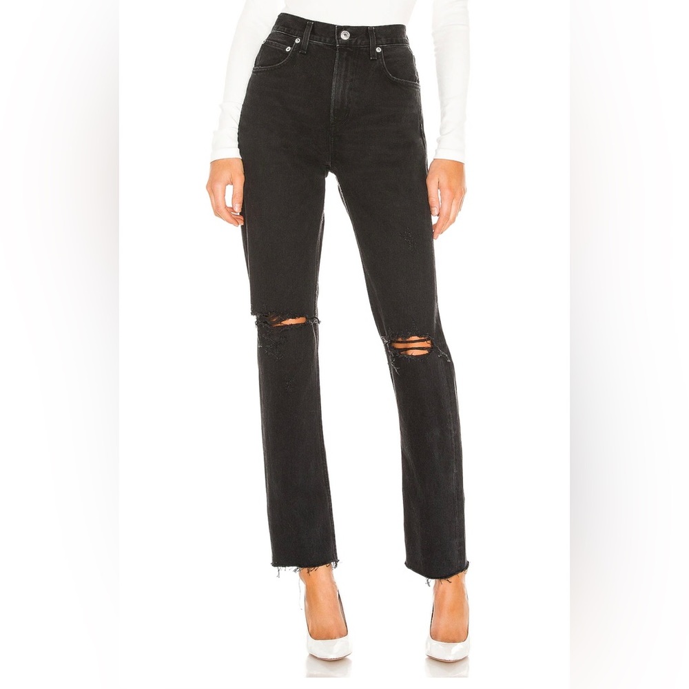 Agolde Cherie Distortion Black Distressed Straight Leg High Rise Jeans Size 25